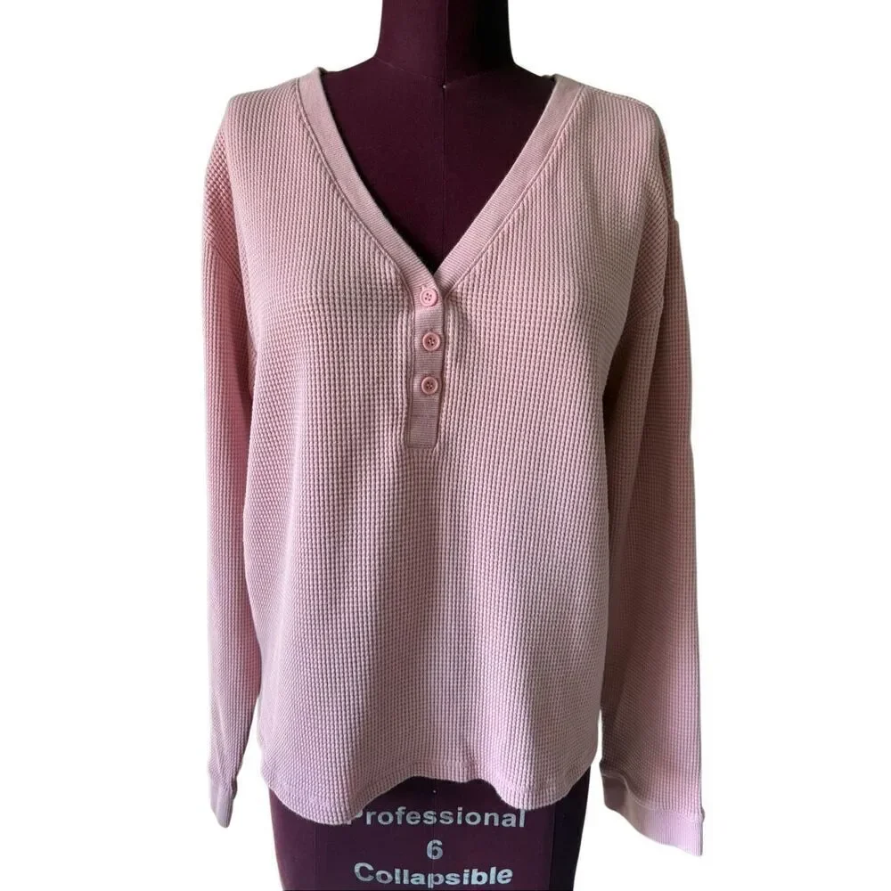 Garnet‎ Hill Organic Cotton Waffle-Knit Henley Pajama Top size L